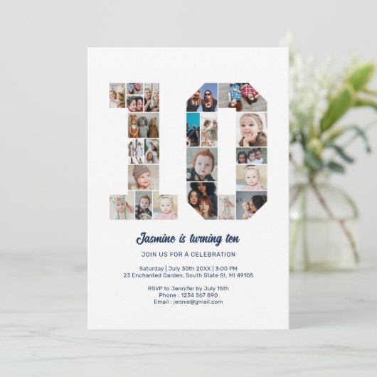 10e verjaardag nummer 10 aangepaste fotocollage kaart (Staand voorkant)
