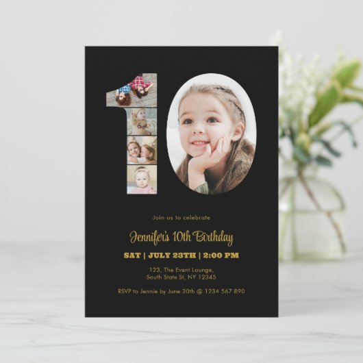 10e verjaardag nummer 10 fotocollage modern zwart kaart (Staand voorkant)