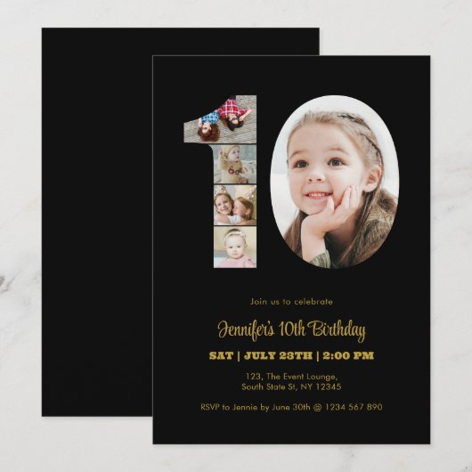 10e verjaardag nummer 10 fotocollage modern zwart kaart (Voorkant / Achterkant)