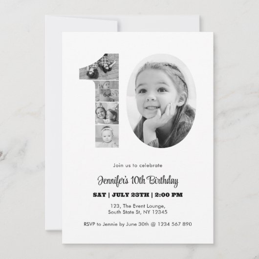 10e verjaardag nummer 10 fotocollage zwart wit kaart (Voorkant)