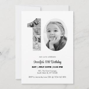 10e verjaardag nummer 10 fotocollage zwart wit kaart
