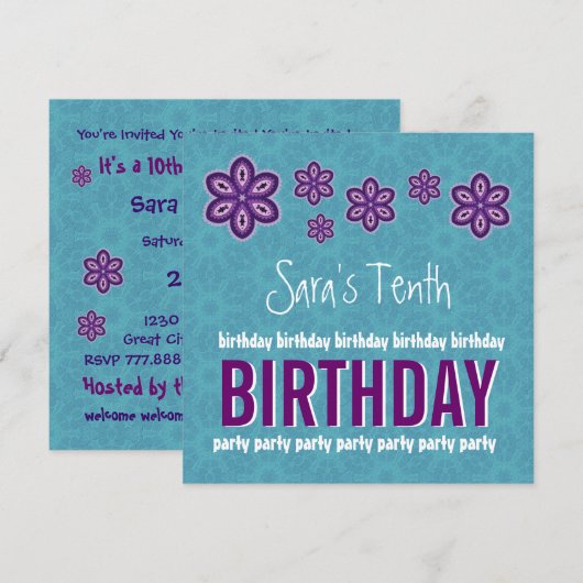 10e verjaardag paarse bloemen aangepaste naam kaart (Voorkant / Achterkant)