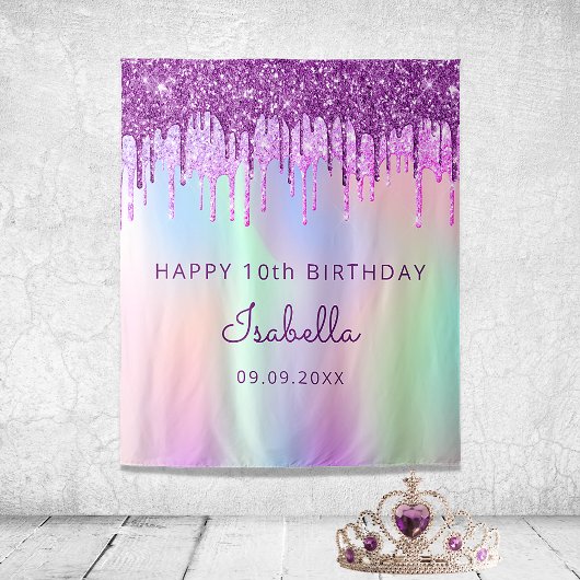10e verjaardag paarse roze glitters holografisch wandkleed