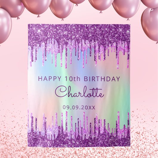 10e verjaardag paarse roze holografisch wandkleed