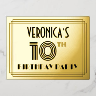 10e verjaardag partij ~ Art Deco Style "10" + naam Folie Uitnodiging Briefkaart