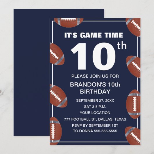 10e Verjaardag Party Football Navy Sport Kinder Bo Kaart (Voorkant / Achterkant)