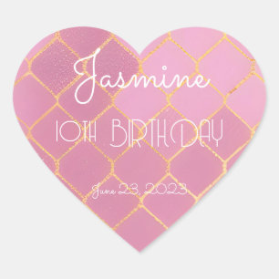 10e verjaardag Party Meisje Goud Roze Glitter Patr Hart Sticker