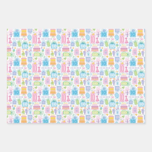 10e verjaardag Pastel Roze Cadeaus Ballons Inpakpapier Vel (Voorkant)