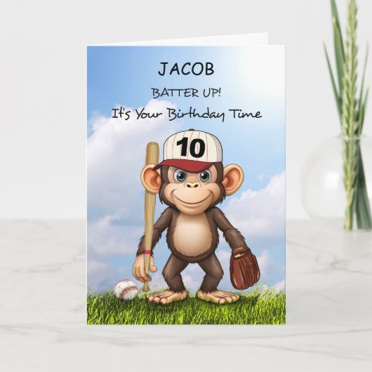 10e Verjaardag Personaliseer Honkbal Monkey Bat Ba Kaart (Voorkant)