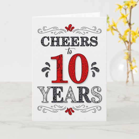 10e verjaardag Proost in rood wit zwart patroon Kaart (Gele Bloem)