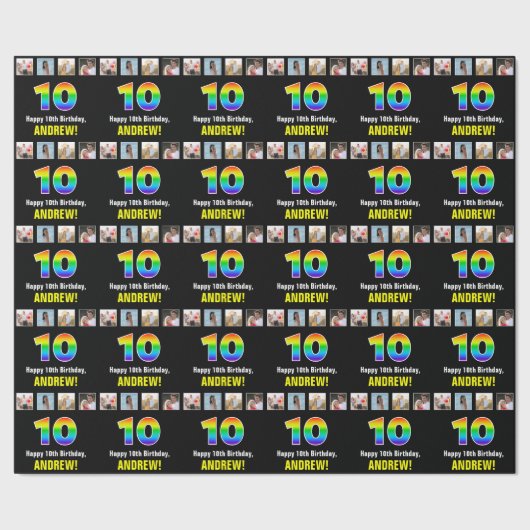 10e verjaardag: Regenboog "10"; Aangepaste foto's Cadeaupapier (Zoom)