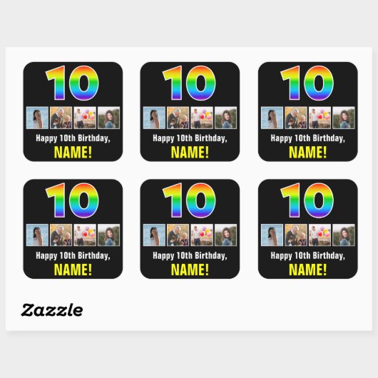 10e verjaardag: Regenboog "10"; Aangepaste foto's  Vierkante Sticker (Vel)