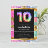 10e verjaardag regenboog glitter kleurrijk feest kaart (Staand voorkant)