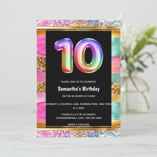 10e verjaardag regenboog glitter kleurrijk feest kaart (Staand voorkant)