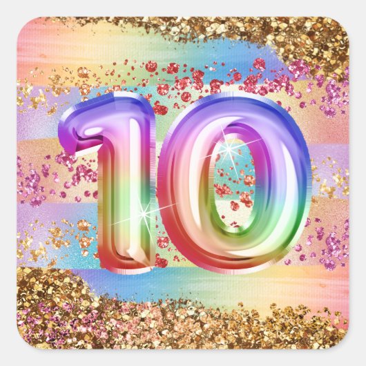 10e verjaardag regenboog glitter sparkle party vierkante sticker (Voorkant)