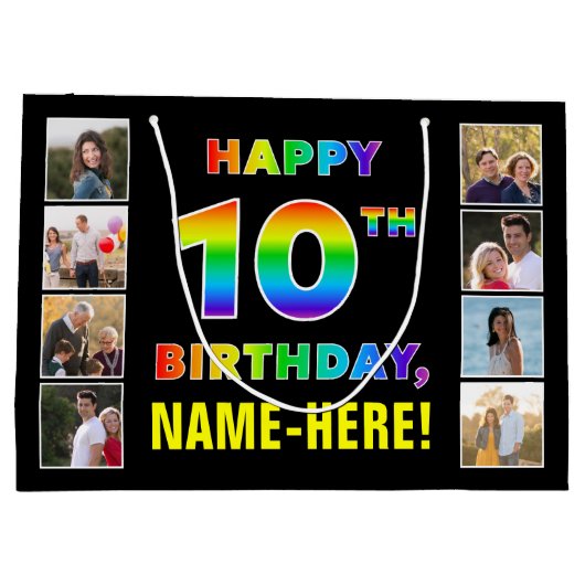 10e verjaardag: Regenboogtekst, Aangepaste foto's  Groot Cadeauzakje (Achterkant)
