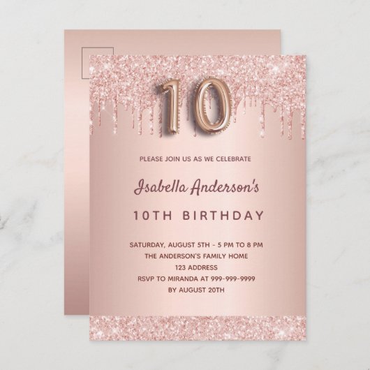 10e verjaardag roos goud glitter druppelt roze gla briefkaart (Voorkant / Achterkant)