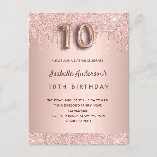 10e verjaardag roos goud glitter druppelt roze gla briefkaart (Voorkant)