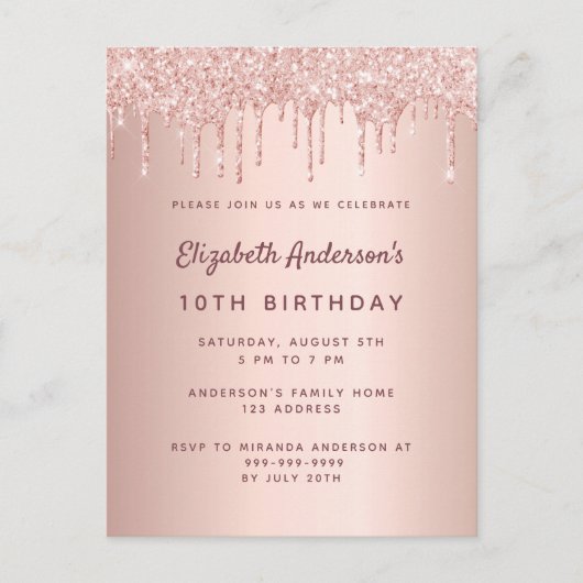 10e verjaardag roos goud glitter roze briefkaart (Voorkant)