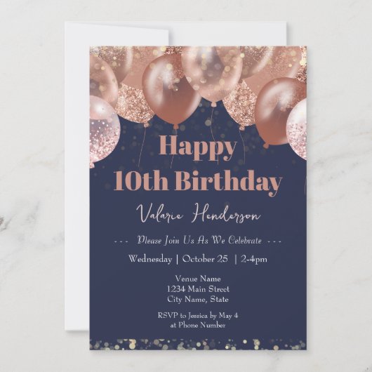 10e verjaardag roze ballonnen uitnodiging (Voorkant)