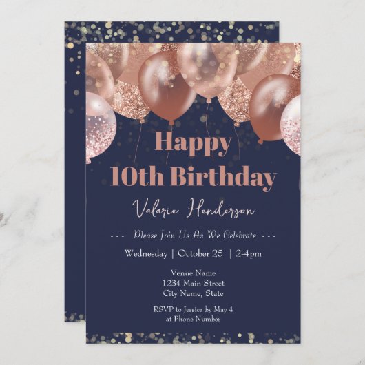 10e verjaardag roze ballonnen uitnodiging (Voorkant / Achterkant)