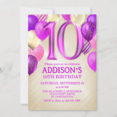 10e verjaardag roze ballonnen uitnodiging (Voorkant)