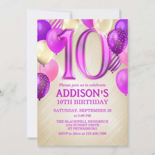 10e verjaardag roze ballonnen uitnodiging (Voorkant)