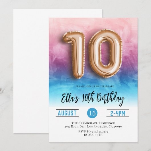 10e verjaardag roze blauw gradiënt uitnodiging (Voorkant / Achterkant)
