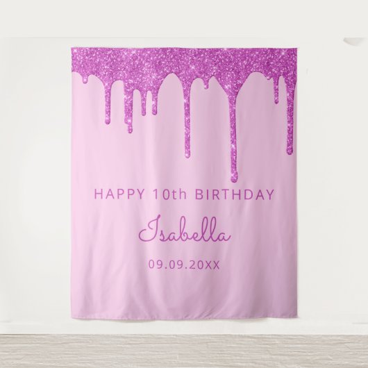 10e verjaardag roze glitter drip girl wandkleed (Voorkant)