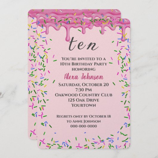 10e verjaardag roze ijsjes en strooisel kaart (Voorkant / Achterkant)