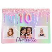 10e verjaardag roze paarse glitter druppelt foto groot cadeauzakje (Voorkant)