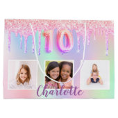 10e verjaardag roze paarse glitter druppelt foto groot cadeauzakje (Achterkant)