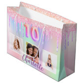 10e verjaardag roze paarse glitter druppelt foto groot cadeauzakje (Voorkant Gekanteld)