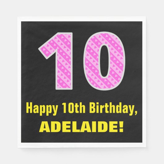 10e verjaardag: Roze strepen en hart "10" + naam Servet (Voorkant)
