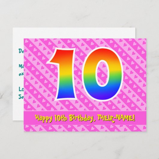 10e verjaardag: roze strepen & harten, regenboog 1 briefkaart (Voorkant / Achterkant)