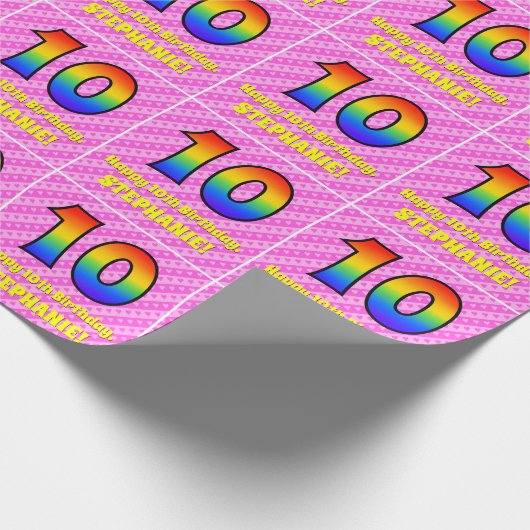 10e verjaardag: roze strips & harten, regenboognr. cadeaupapier (Hoek)