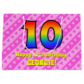 10e verjaardag: roze strips & harten, regenboognr. groot cadeauzakje (Voorkant)