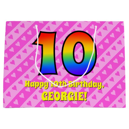 10e verjaardag: roze strips & harten, regenboognr. groot cadeauzakje (Voorkant)