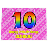 10e verjaardag: roze strips & harten, regenboognr. groot cadeauzakje (Achterkant)