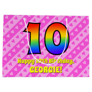 10e verjaardag: roze strips & harten, regenboognr. groot cadeauzakje