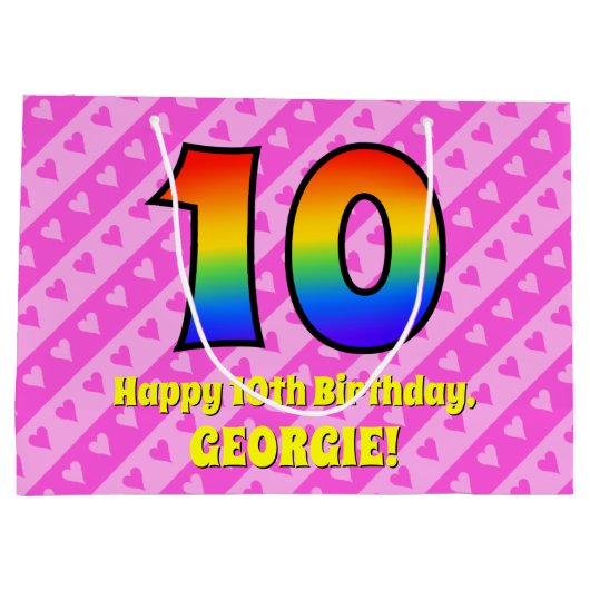 10e verjaardag: roze strips & harten, regenboognr. groot cadeauzakje (Achterkant)