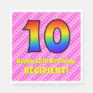 10e verjaardag: roze strips & harten, regenboognr. servet