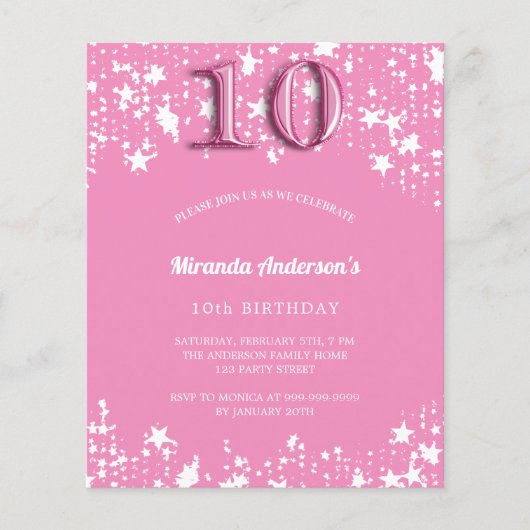 10e verjaardag roze witte sterren budget uitnodigi (Voorkant)