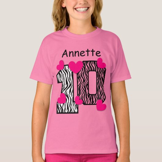 10e verjaardag Roze Zebra Aangepaste naam V025A5 T-shirt (Voorkant)