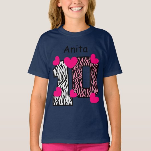 10e verjaardag Roze Zebra Aangepaste naam V025A6 T-shirt (Voorkant)