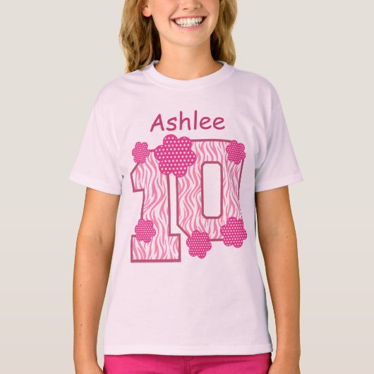 10e verjaardag Roze Zebra Aangepaste naam V025A T-shirt (Voorkant)