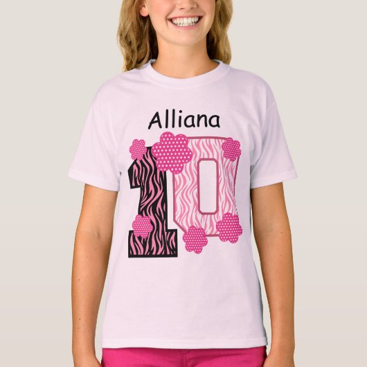 10e Verjaardag Roze Zebra Custom Naam V025A2 T-shirt (Voorkant)