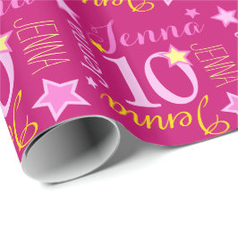 10e verjaardag ster aangepaste naam roze geel cadeaupapier