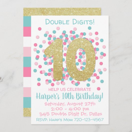 10e verjaardag uitnodiging Dubbele cijfers verjaar (Voorkant / Achterkant)