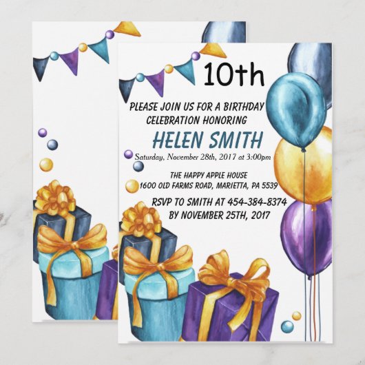 10e verjaardag uitnodiging Gold Glitter (Voorkant / Achterkant)